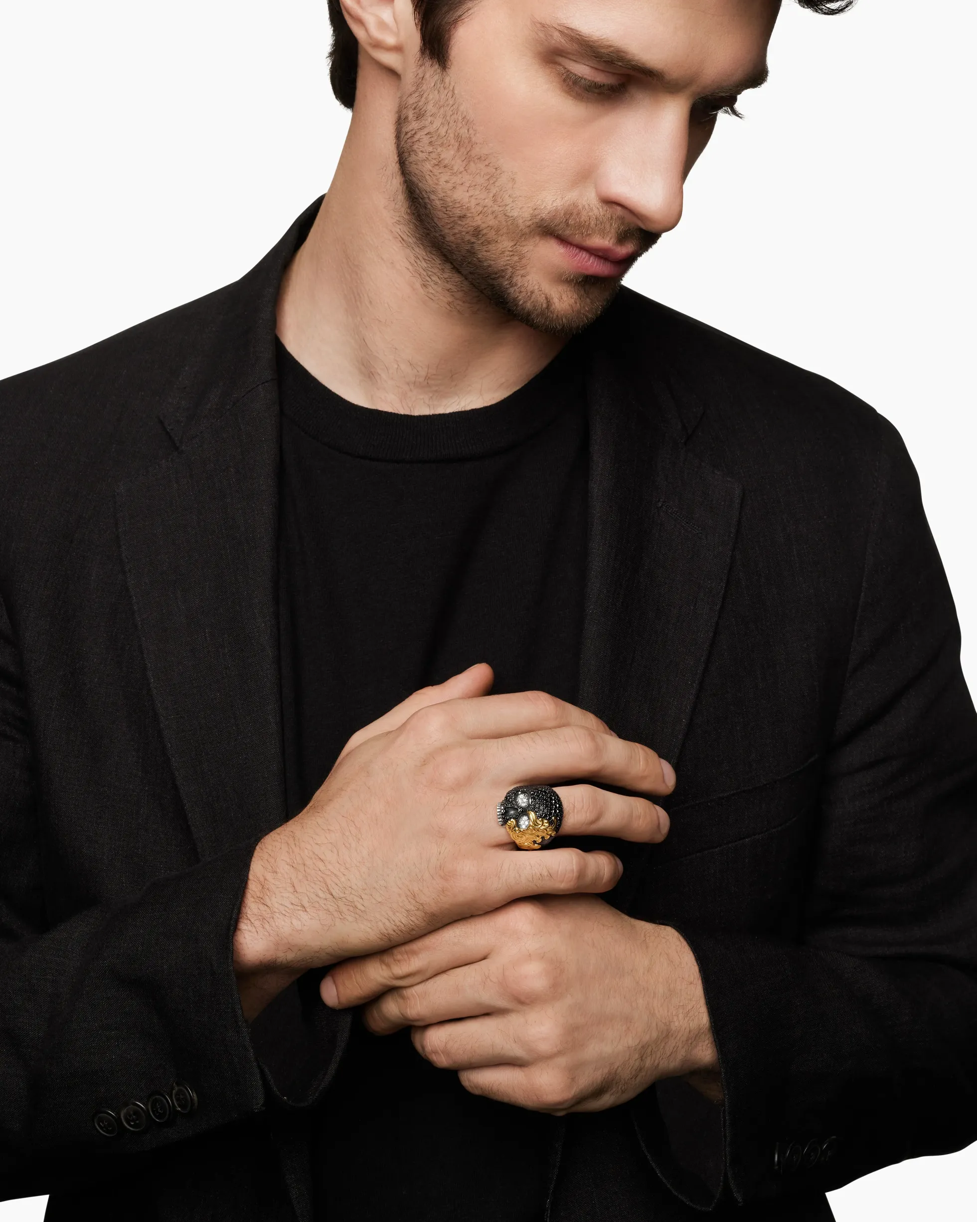 Waves Skull Ring Sterling Silver with 18K Yellow Gold and Diamonds, 26mm