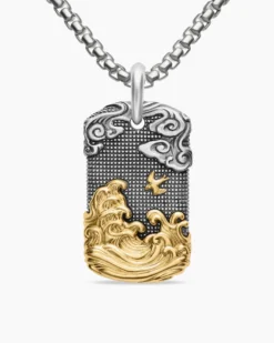 Waves Tag Sterling Silver with 18K Yellow Gold, 42mm