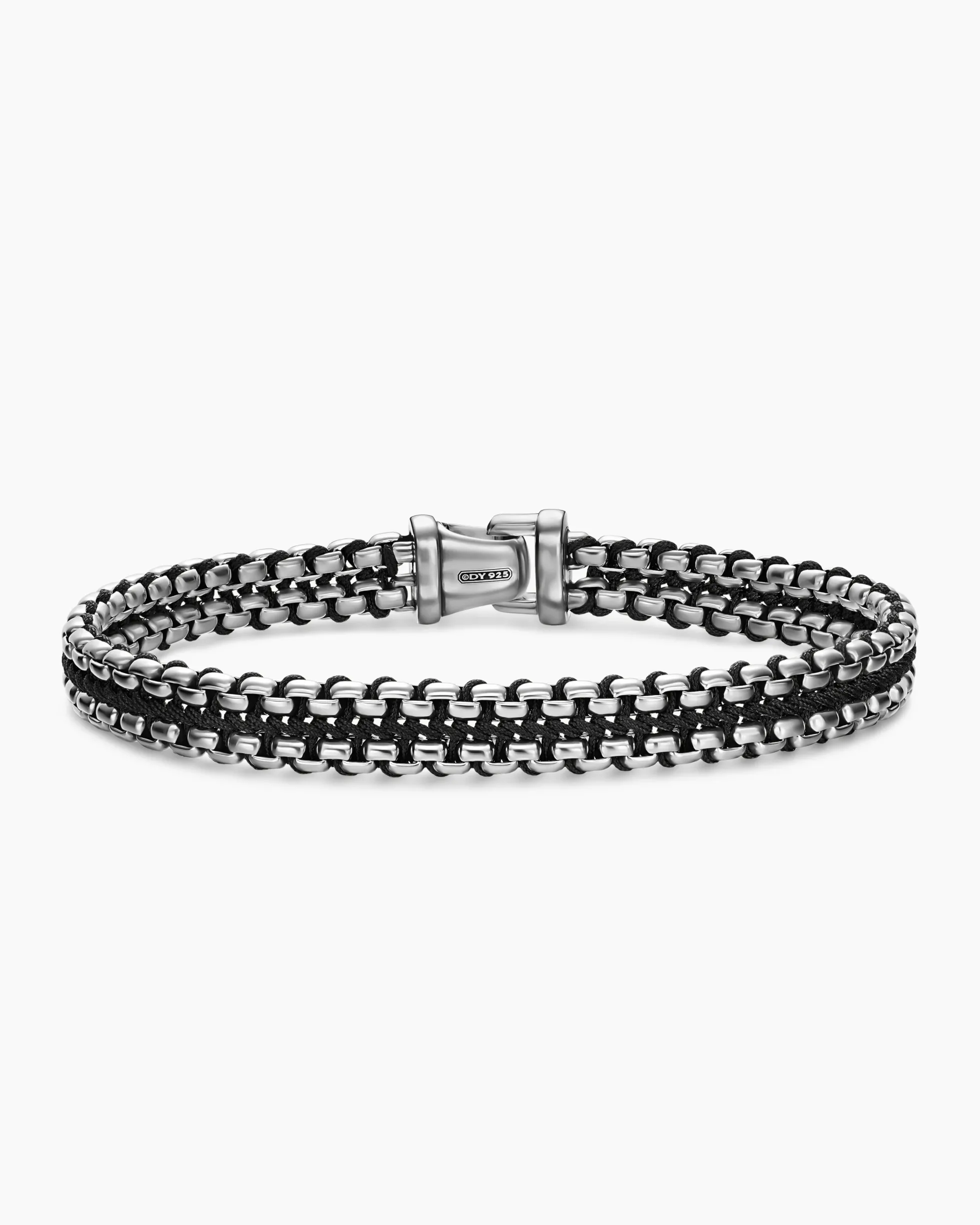 Woven Box Chain Bracelet Sterling Silver with Black Nylon, 10mm
