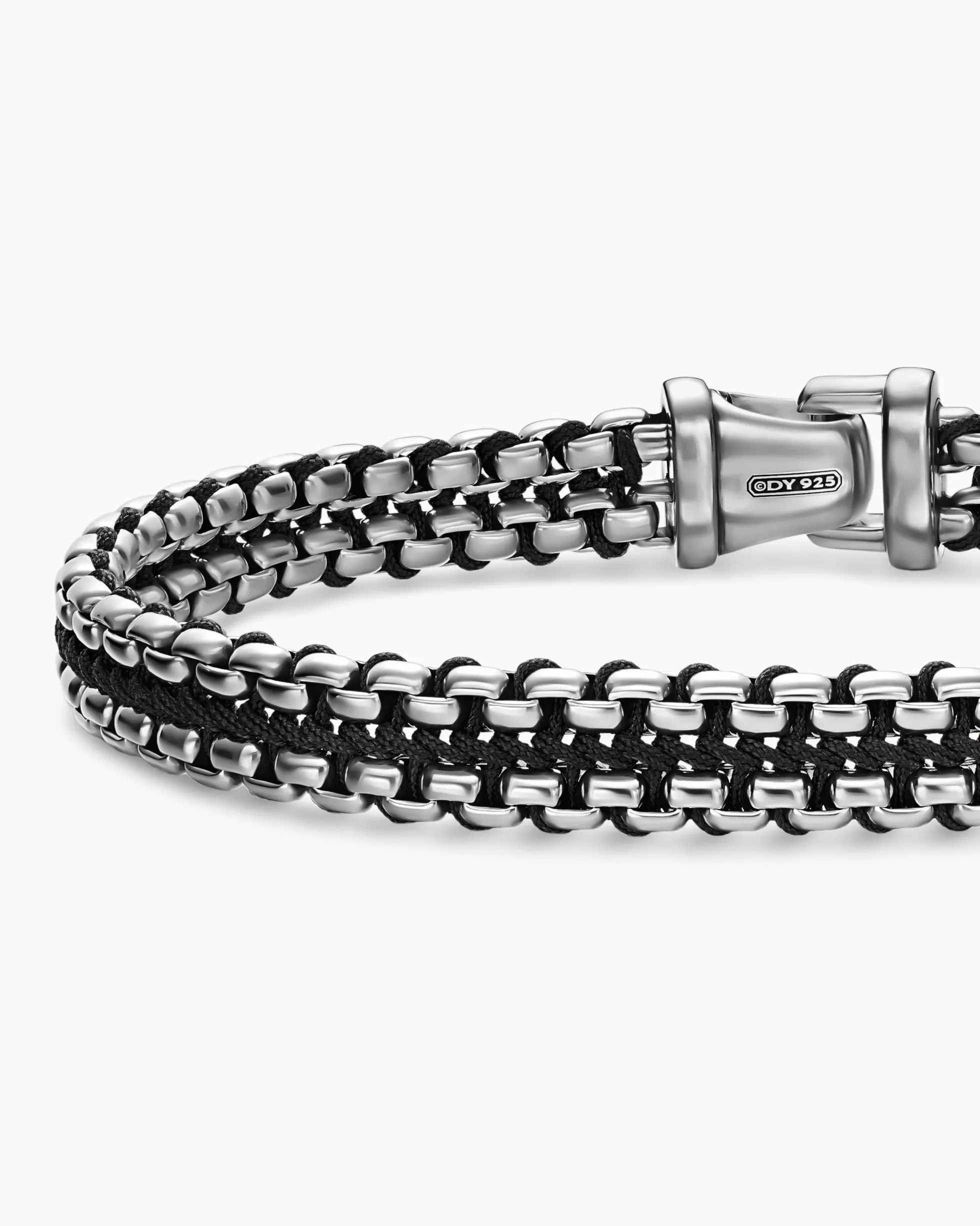 Woven Box Chain Bracelet Sterling Silver with Black Nylon, 10mm