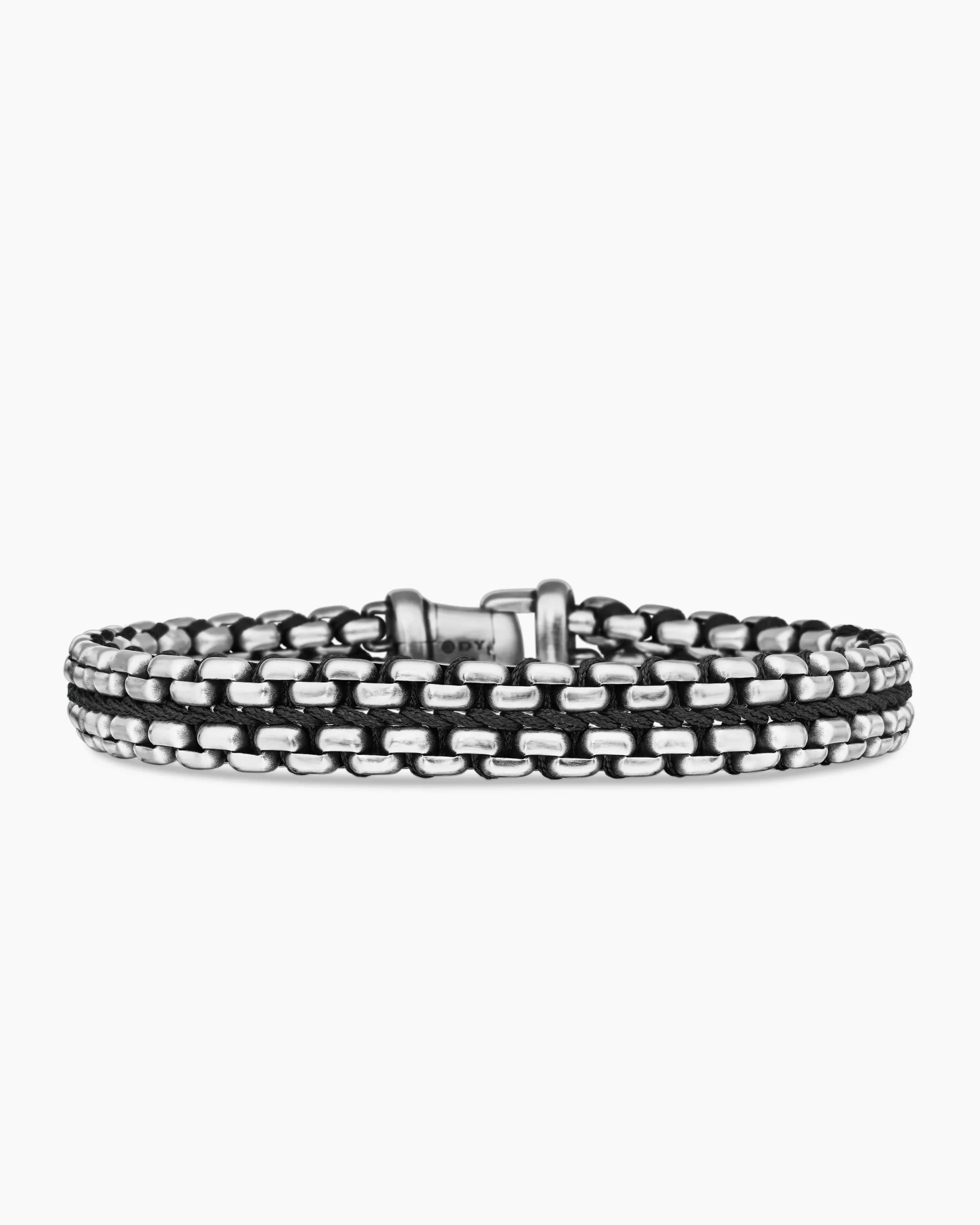 Woven Box Chain Bracelet Sterling Silver with Black Nylon, 12mm