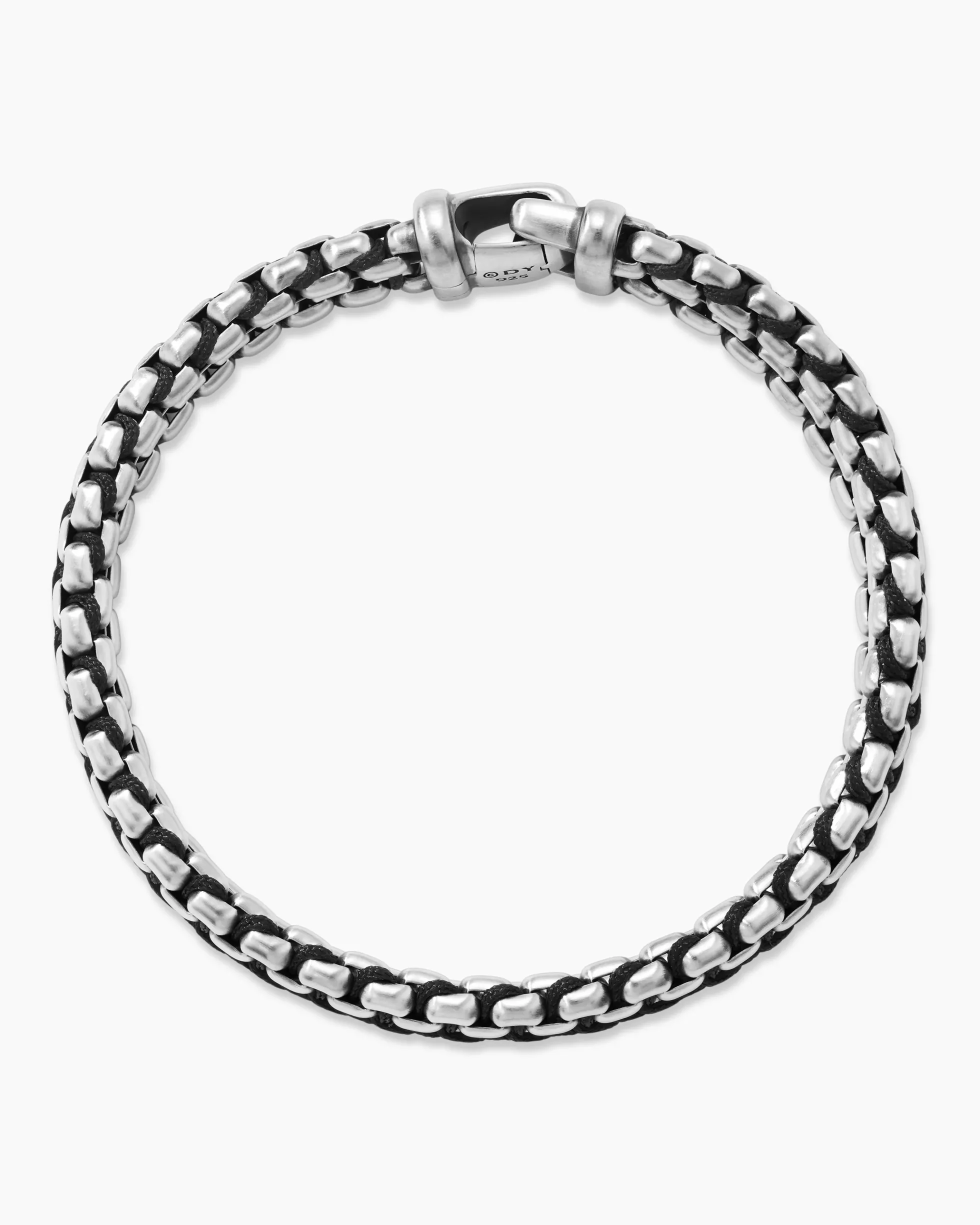 Woven Box Chain Bracelet Sterling Silver with Black Nylon, 12mm