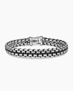 Woven Box Chain Bracelet Sterling Silver with Black Nylon, 12mm