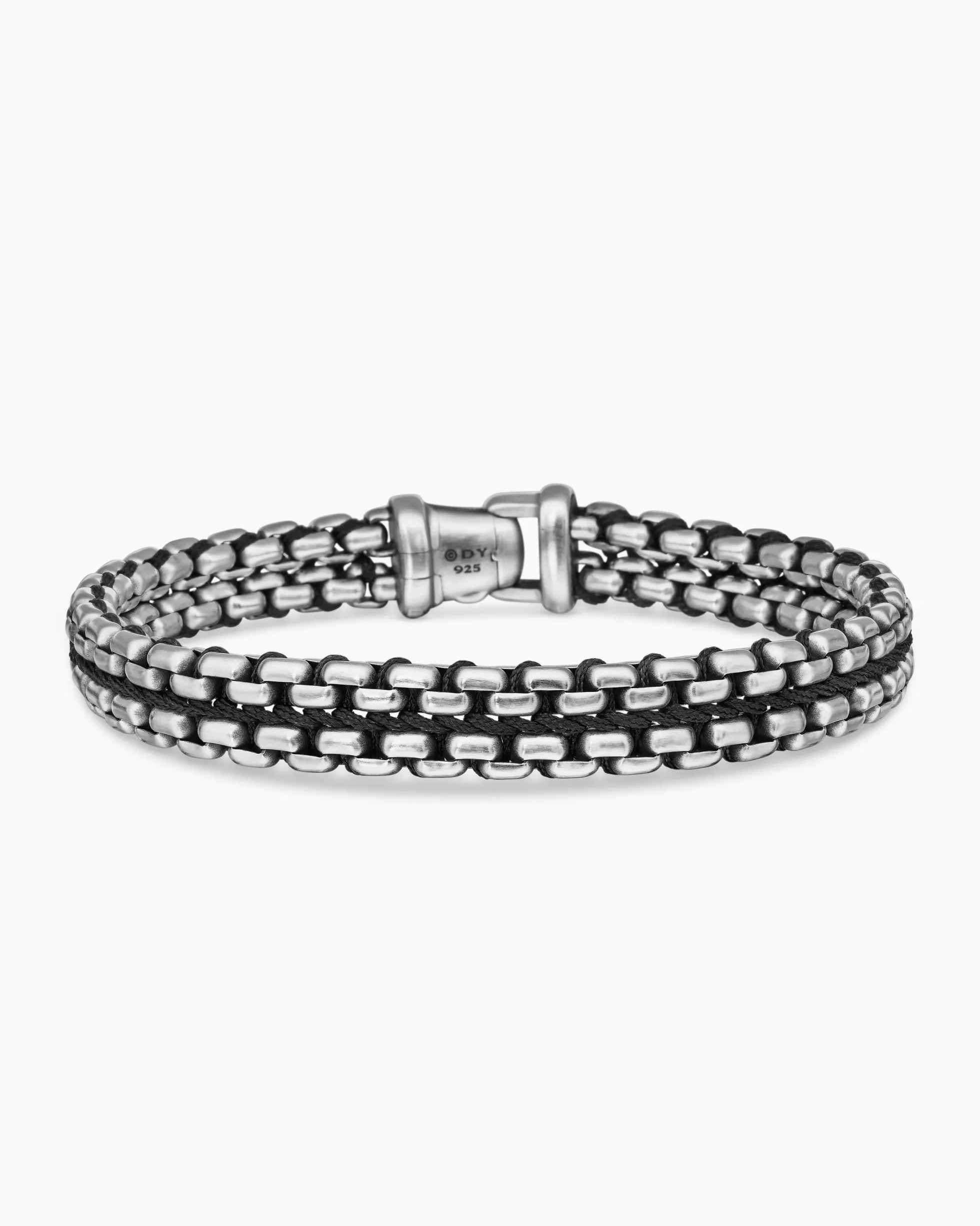 Woven Box Chain Bracelet Sterling Silver with Black Nylon, 12mm