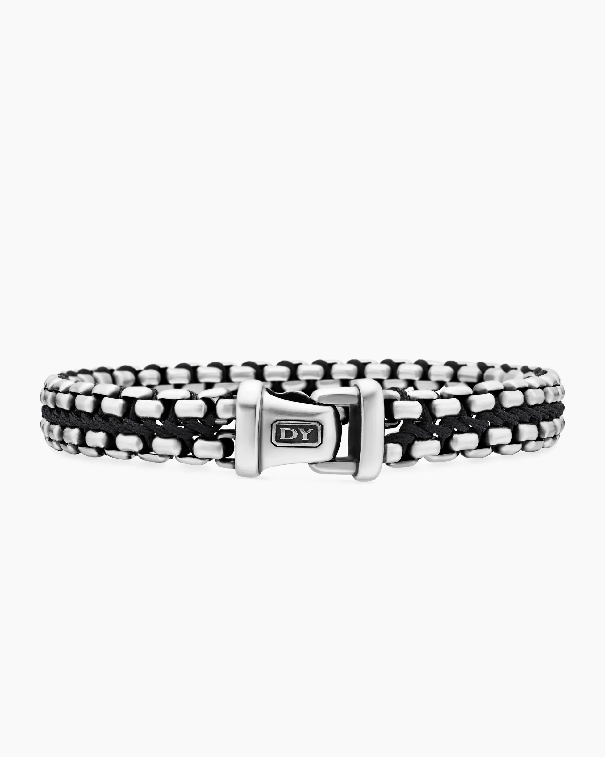 Woven Box Chain Bracelet Sterling Silver with Black Nylon, 12mm