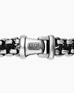 Woven Box Chain Bracelet Sterling Silver with Black Nylon, 12mm