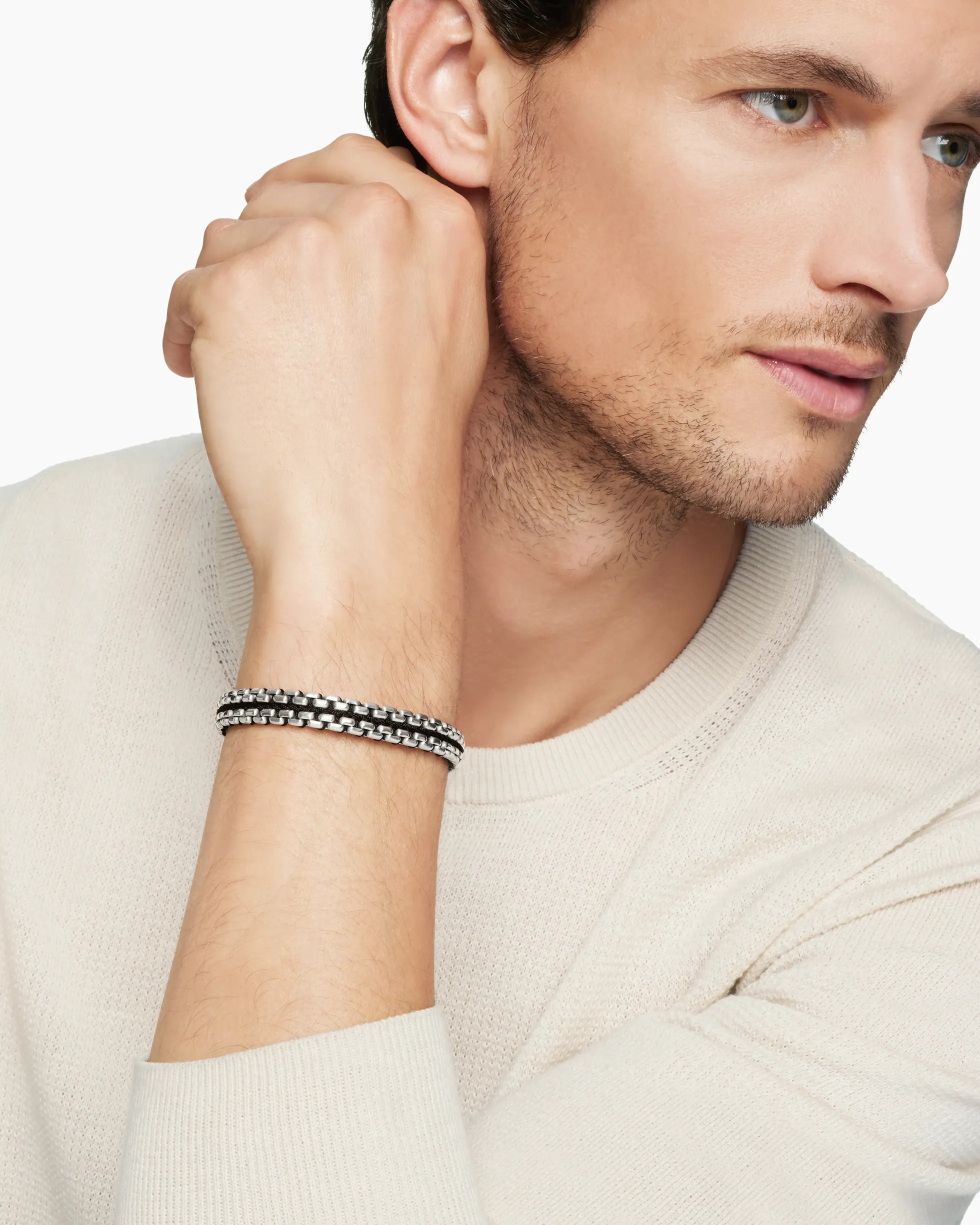 Woven Box Chain Bracelet Sterling Silver with Black Nylon, 12mm