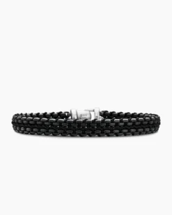 Woven Box Chain Bracelet Sterling Silver with Black Stainless Steel and Black Nylon, 10mm