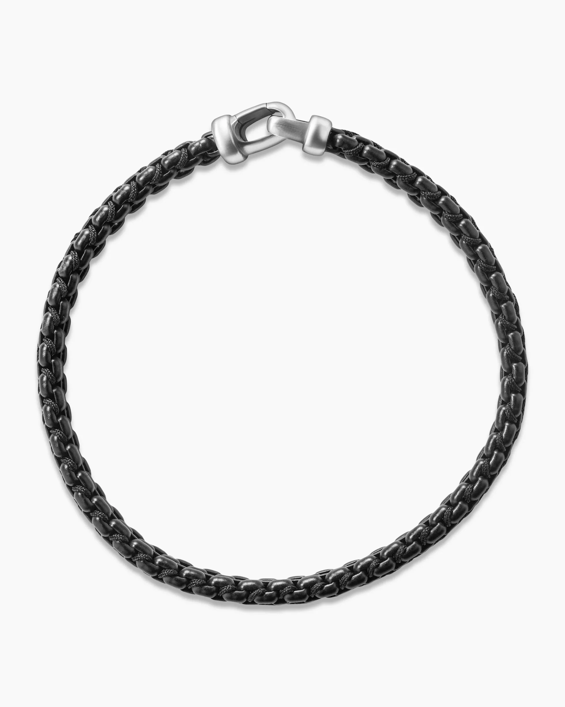 Woven Box Chain Bracelet Sterling Silver with Black Stainless Steel and Black Nylon, 10mm
