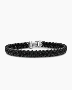 Woven Box Chain Bracelet Sterling Silver with Black Stainless Steel and Black Nylon, 10mm