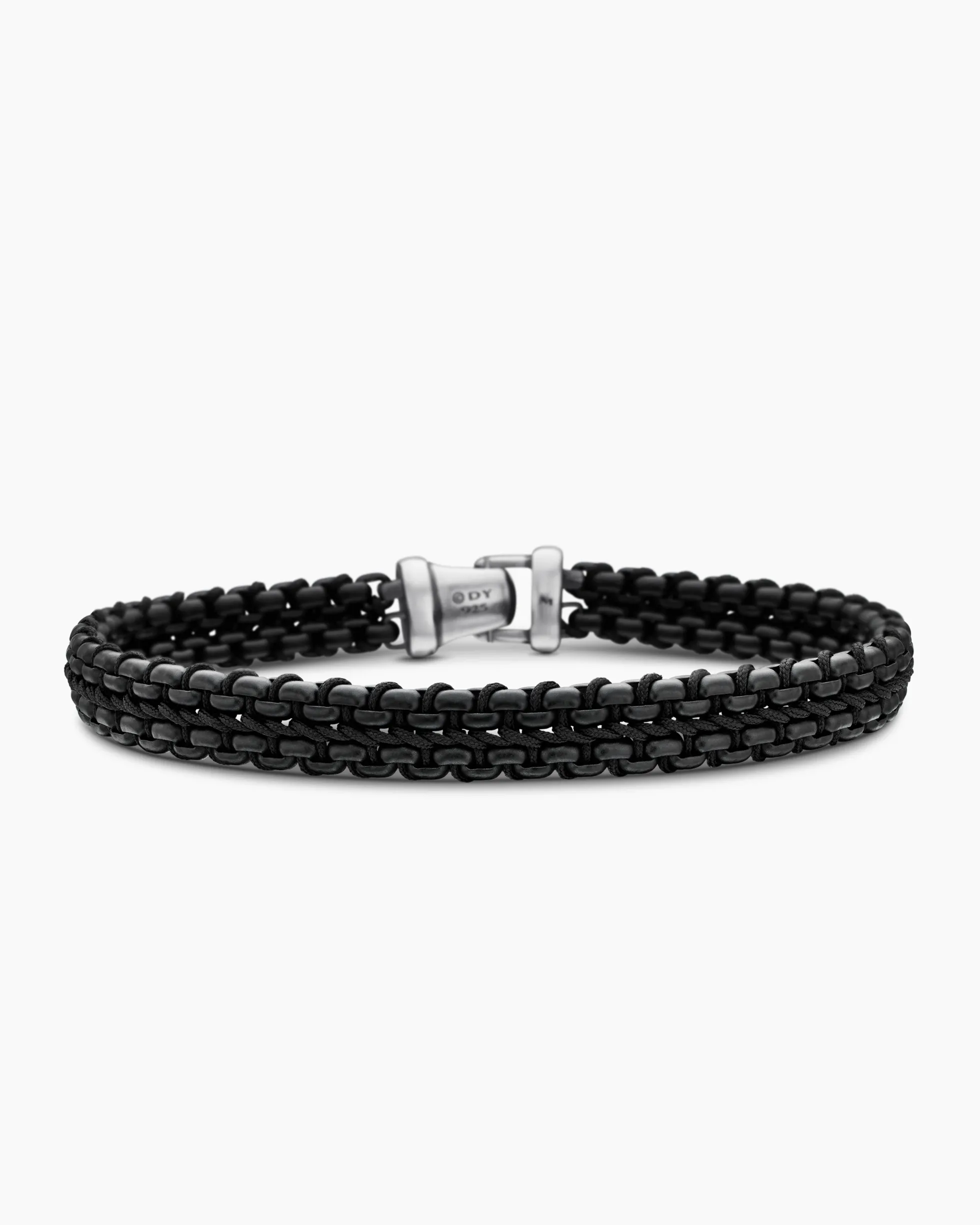 Woven Box Chain Bracelet Sterling Silver with Black Stainless Steel and Black Nylon, 10mm