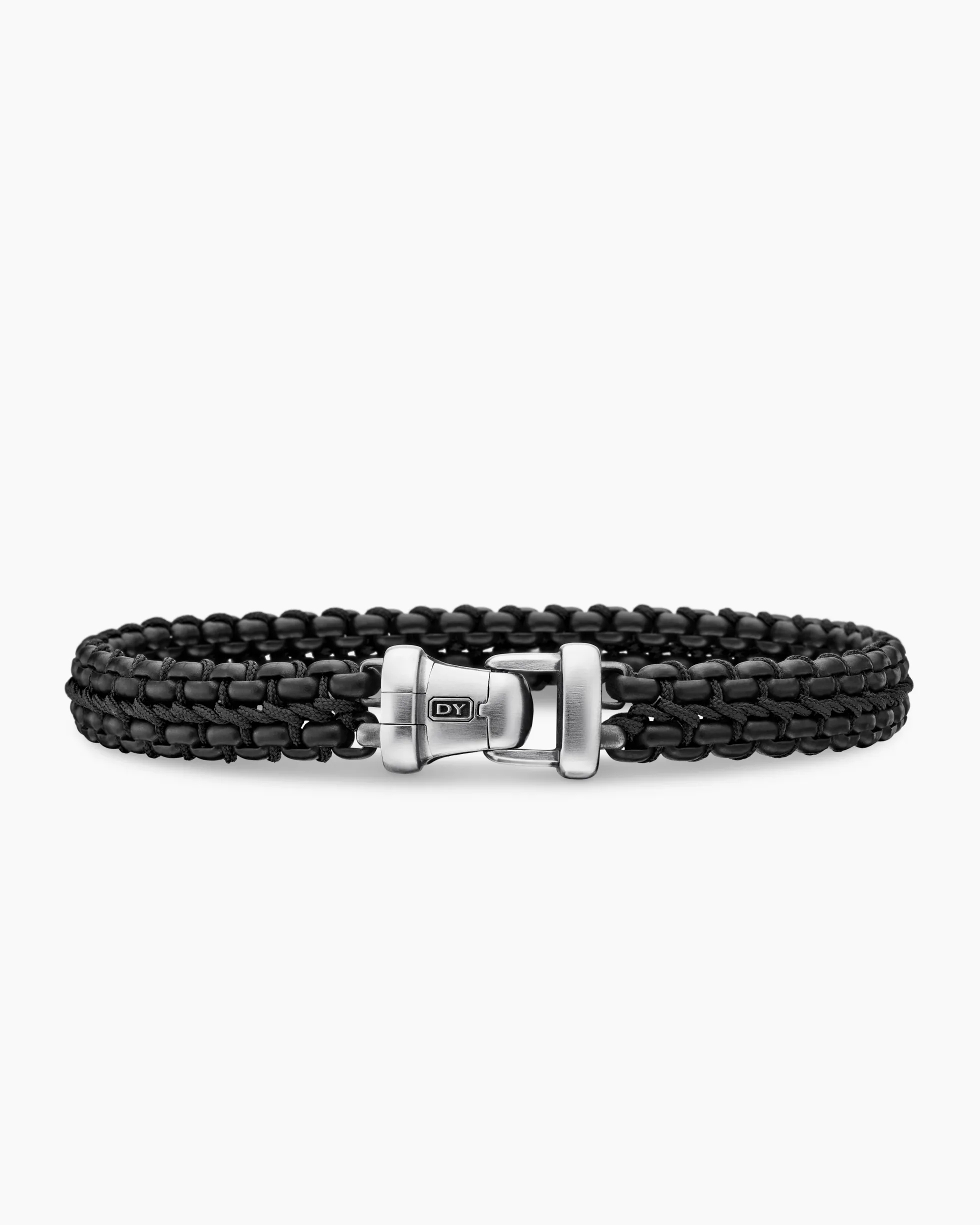 Woven Box Chain Bracelet Sterling Silver with Black Stainless Steel and Black Nylon, 10mm