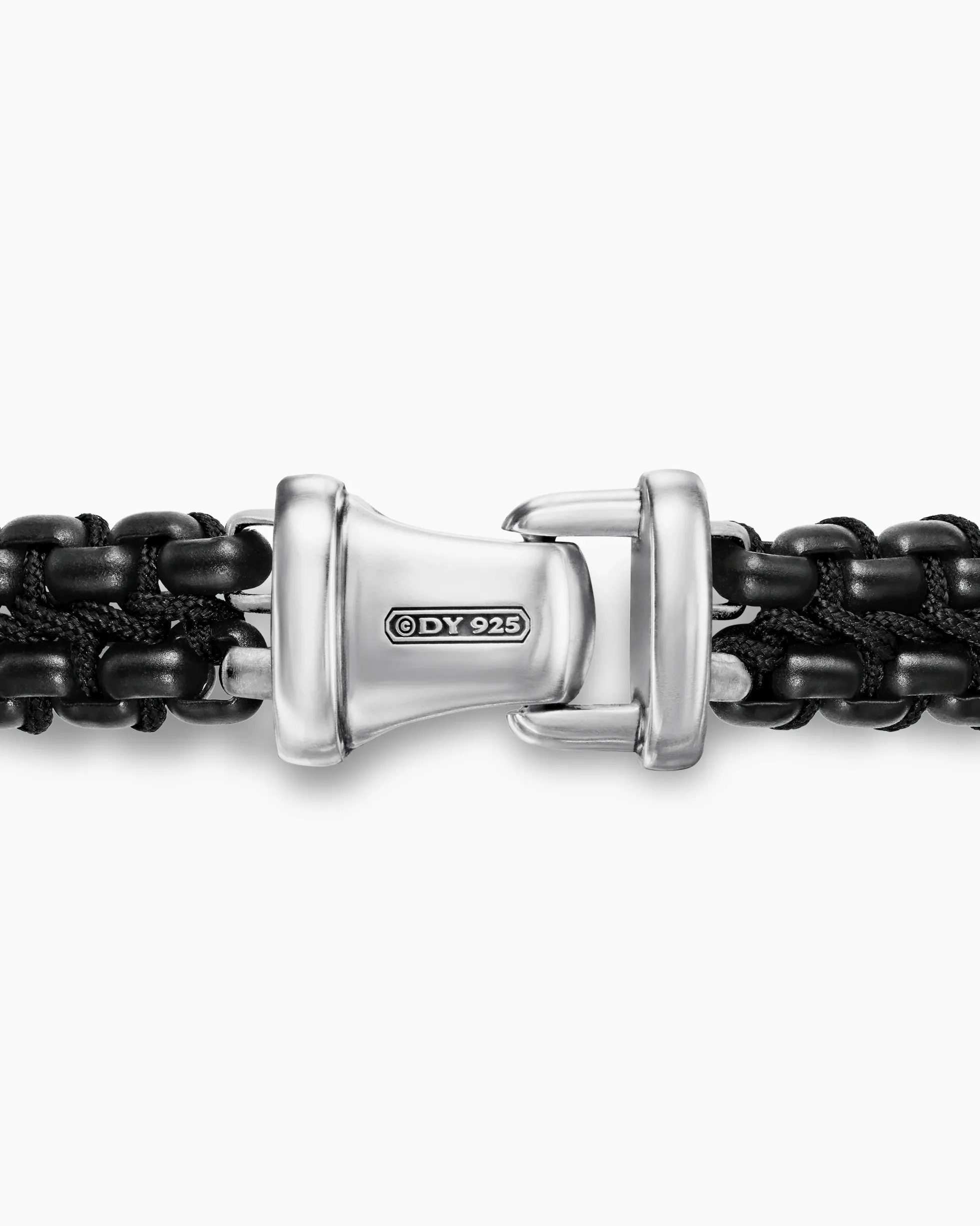 Woven Box Chain Bracelet Sterling Silver with Black Stainless Steel and Black Nylon, 10mm