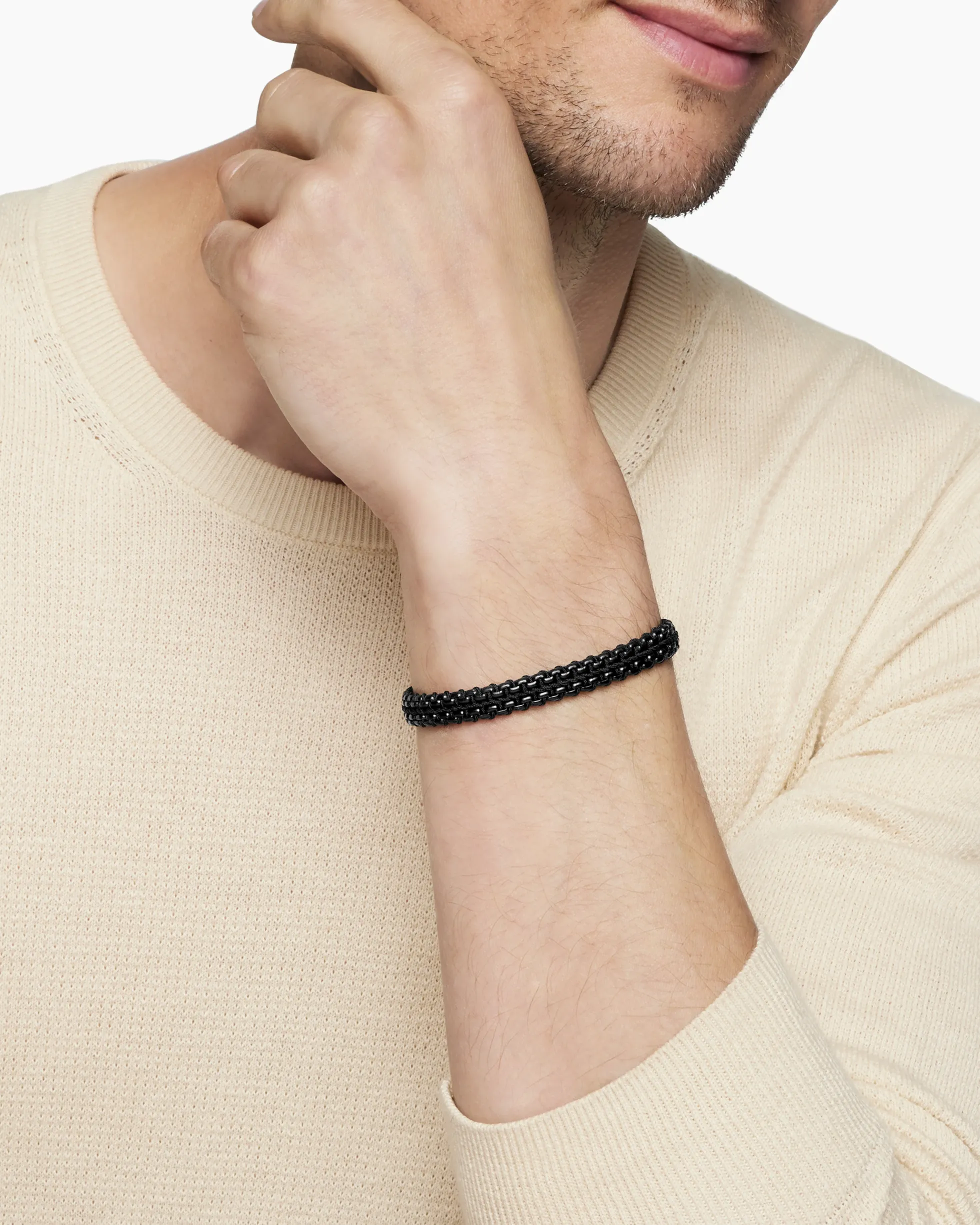 Woven Box Chain Bracelet Sterling Silver with Black Stainless Steel and Black Nylon, 10mm