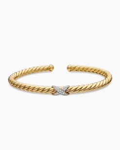 X Cablespira® Station Bracelet 18K Yellow Gold with Pavé Diamonds, 4mm