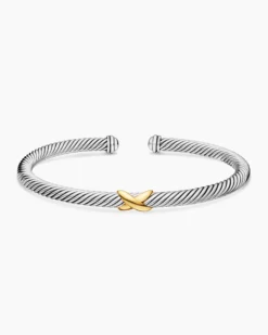 X Classic Cable Station Bracelet Sterling Silver with 18K Yellow Gold, 4mm