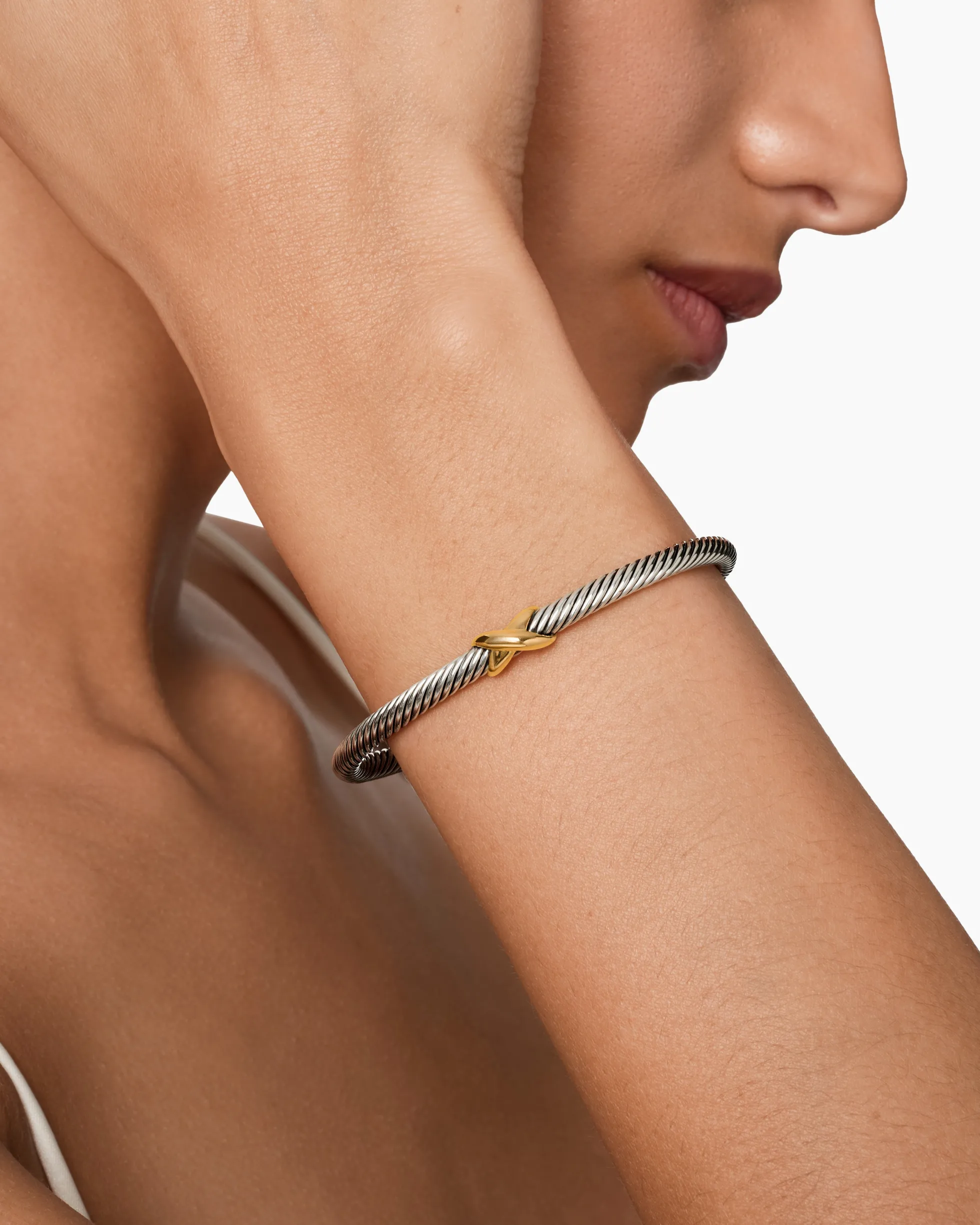 X Classic Cable Station Bracelet Sterling Silver with 18K Yellow Gold, 4mm