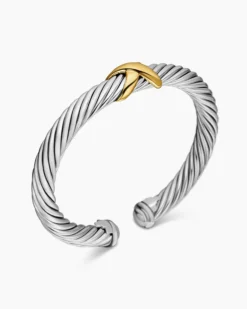 X Classic Cable Station Bracelet Sterling Silver with 14K Yellow Gold, 7mm