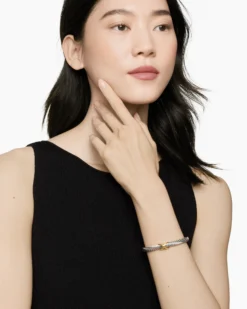X Classic Cable Station Bracelet Sterling Silver with 14K Yellow Gold, 7mm