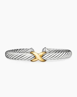 X Classic Cable Station Bracelet Sterling Silver with 14K Yellow Gold, 7mm