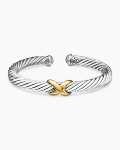 X Classic Cable Station Bracelet Sterling Silver with 14K Yellow Gold, 7mm