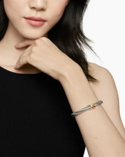 X Classic Cable Station Bracelet Sterling Silver with 14K Yellow Gold, 7mm