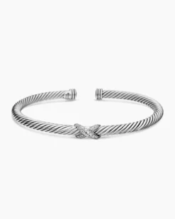 X Classic Cable Station Bracelet Sterling Silver with Diamonds, 4mm
