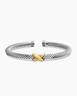X Classic Cable Station Bracelet Sterling Silver with 14K Yellow Gold, 5mm