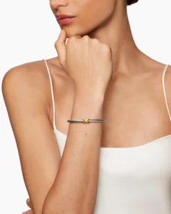 X Classic Cable Station Bracelet Sterling Silver with 14K Yellow Gold, 5mm