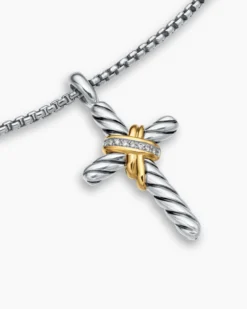 X Cross Necklace Sterling Silver with 14K Yellow Gold and Diamonds, 31.7mm