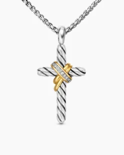 X Cross Necklace Sterling Silver with 14K Yellow Gold and Diamonds, 31.7mm