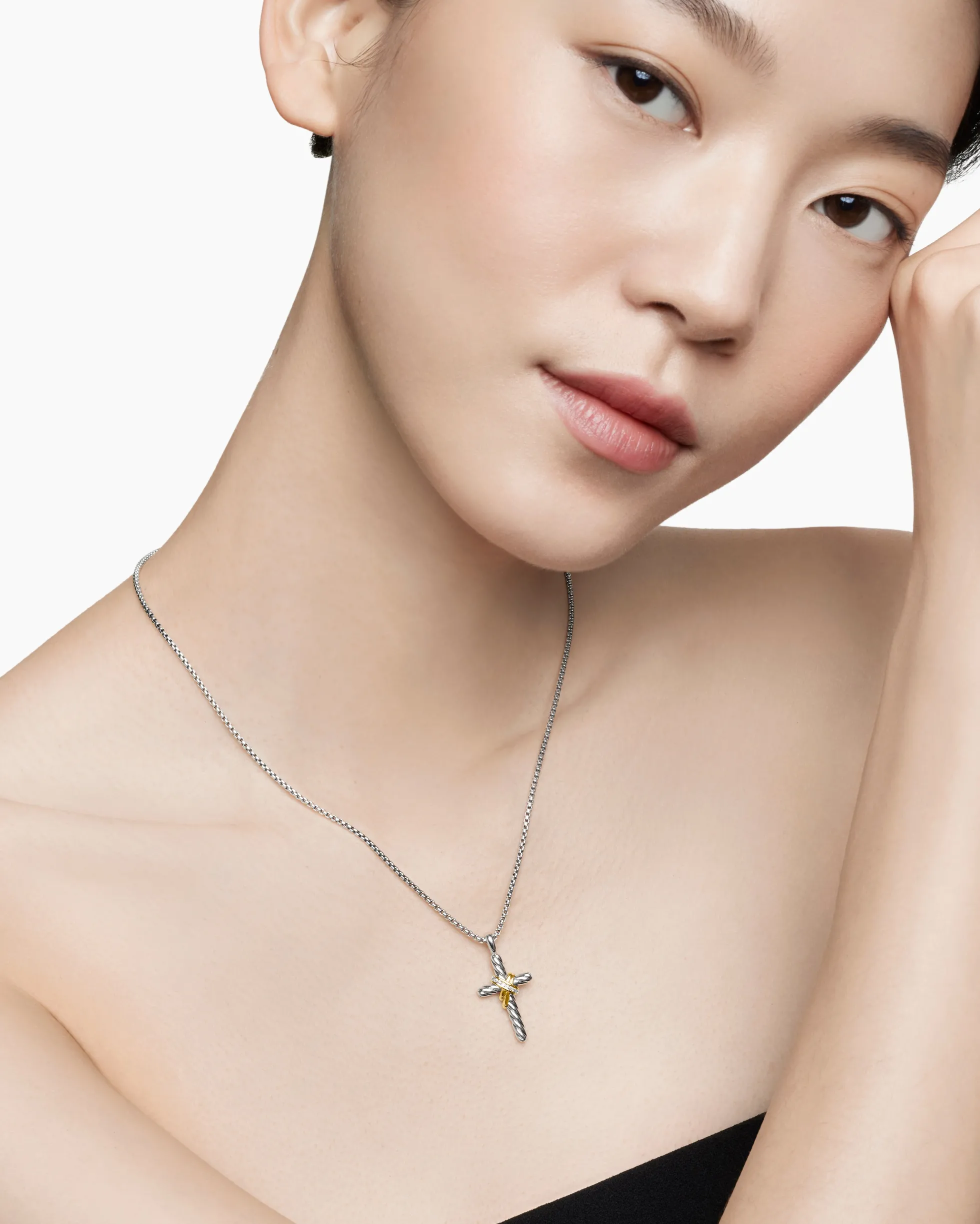 X Cross Necklace Sterling Silver with 14K Yellow Gold and Diamonds, 31.7mm