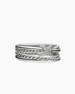 X Crossover Band Ring Sterling Silver with Diamonds, 6mm