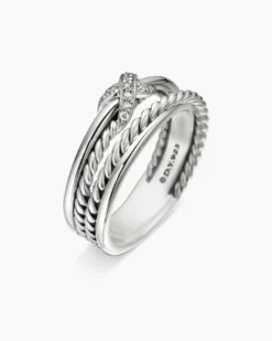 X Crossover Band Ring Sterling Silver with Diamonds, 6mm