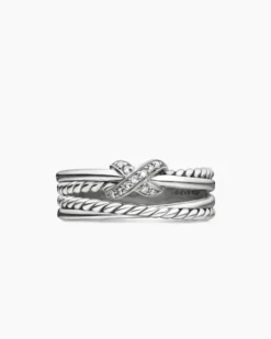 X Crossover Band Ring Sterling Silver with Diamonds, 6mm