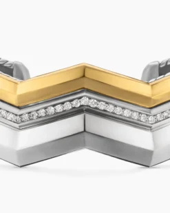 Zig Zag Stax™ Three Row Cuff Bracelet Sterling Silver with 18K Yellow Gold and Diamonds, 17.4mm