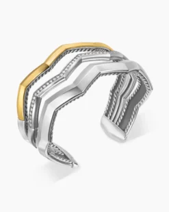 Zig Zag Stax™ Three Row Cuff Bracelet Sterling Silver with 18K Yellow Gold and Diamonds, 17.4mm