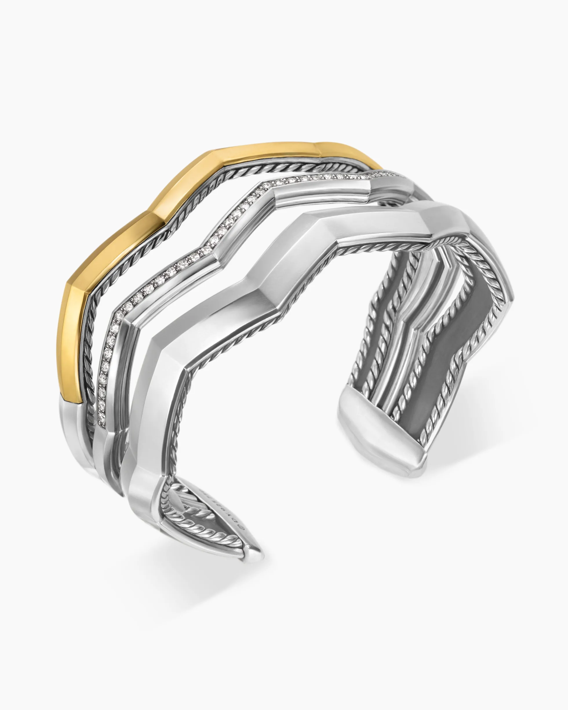 Zig Zag Stax™ Three Row Cuff Bracelet Sterling Silver with 18K Yellow Gold and Diamonds, 17.4mm