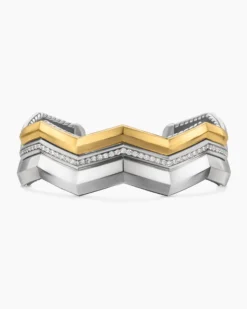 Zig Zag Stax™ Three Row Cuff Bracelet Sterling Silver with 18K Yellow Gold and Diamonds, 17.4mm