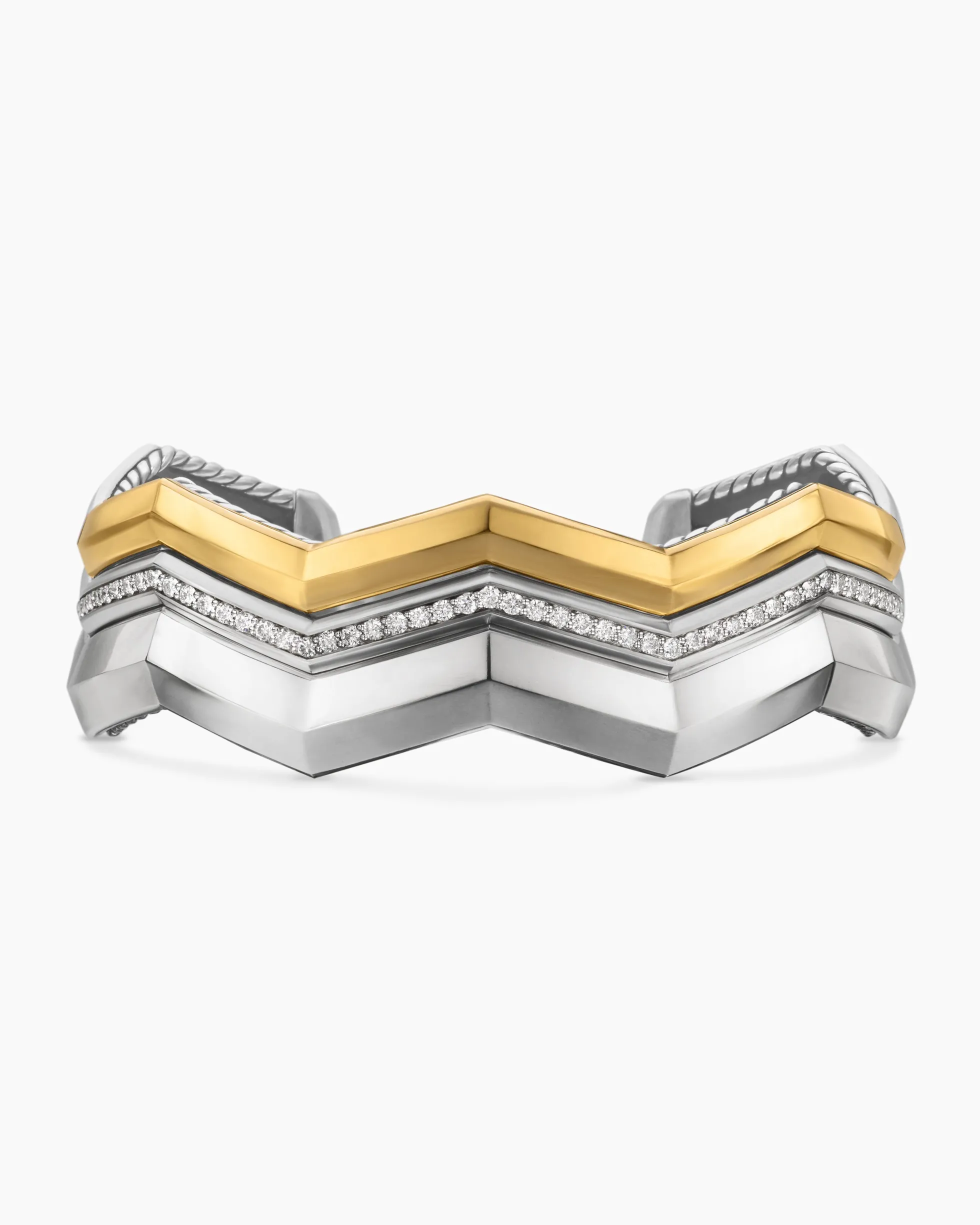 Zig Zag Stax™ Three Row Cuff Bracelet Sterling Silver with 18K Yellow Gold and Diamonds, 17.4mm