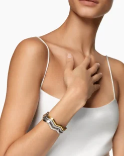Zig Zag Stax™ Three Row Cuff Bracelet Sterling Silver with 18K Yellow Gold and Diamonds, 17.4mm