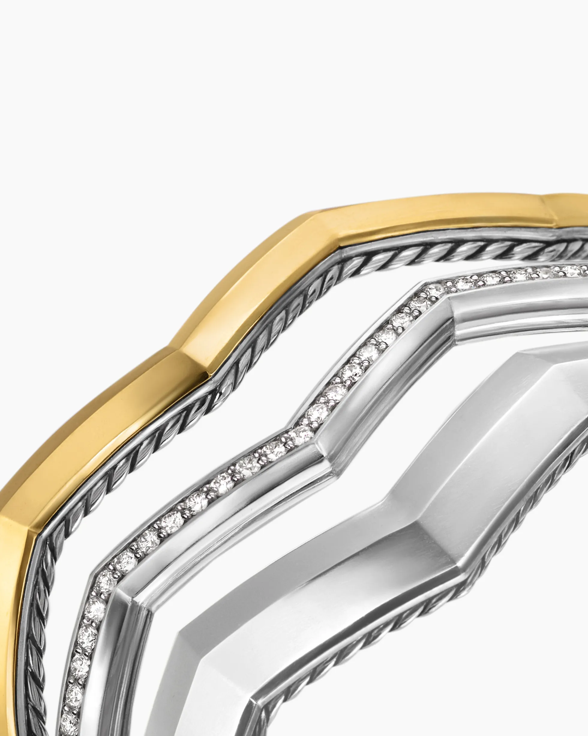 Zig Zag Stax™ Three Row Cuff Bracelet Sterling Silver with 18K Yellow Gold and Diamonds, 17.4mm