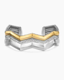 Zig Zag Stax™ Three Row Cuff Bracelet Sterling Silver with 18K Yellow Gold and Diamonds, 17.4mm
