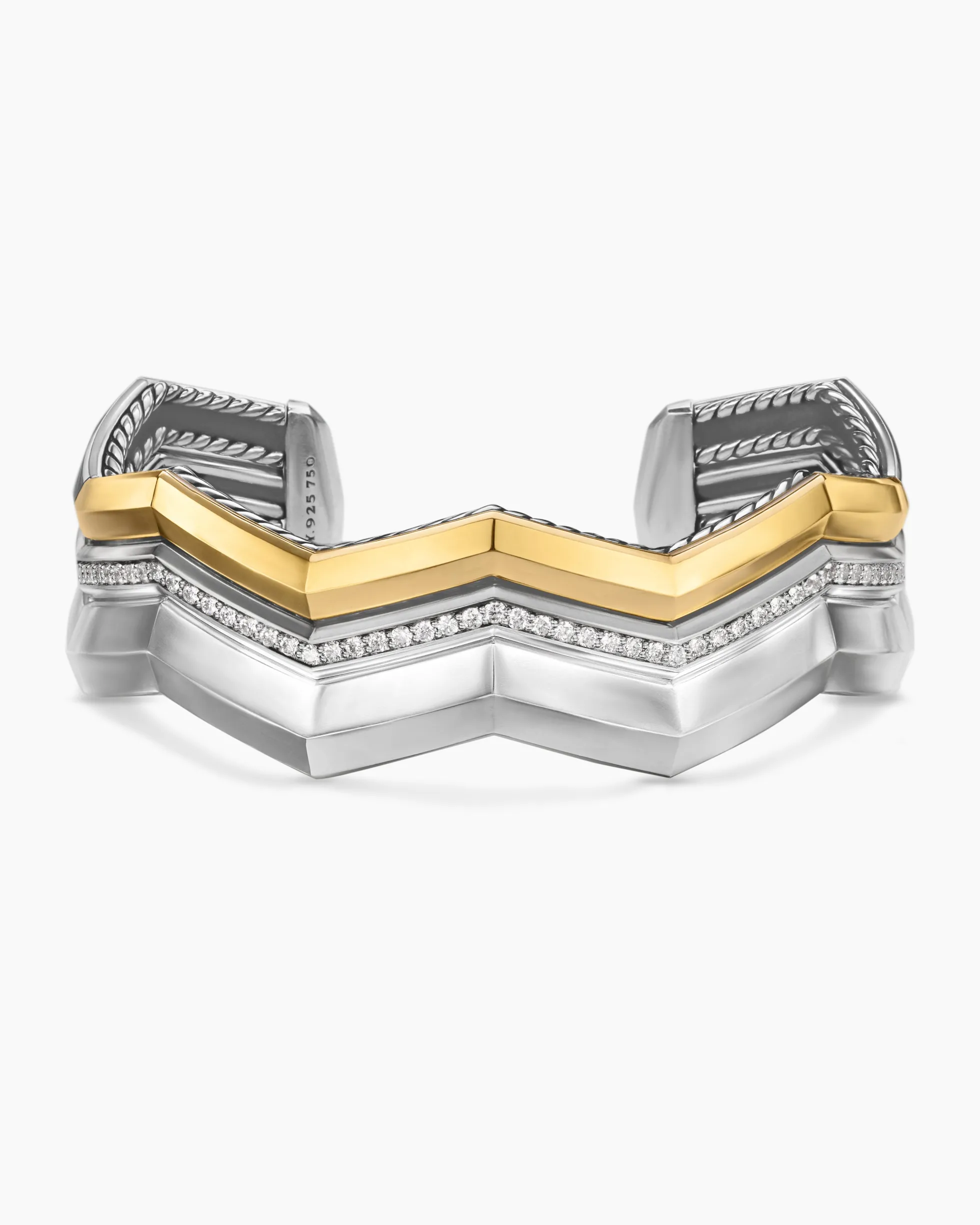 Zig Zag Stax™ Three Row Cuff Bracelet Sterling Silver with 18K Yellow Gold and Diamonds, 17.4mm