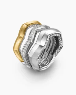 Zig Zag Stax™ Three Row Ring Sterling Silver with 18K Yellow Gold and Diamonds, 11.7mm