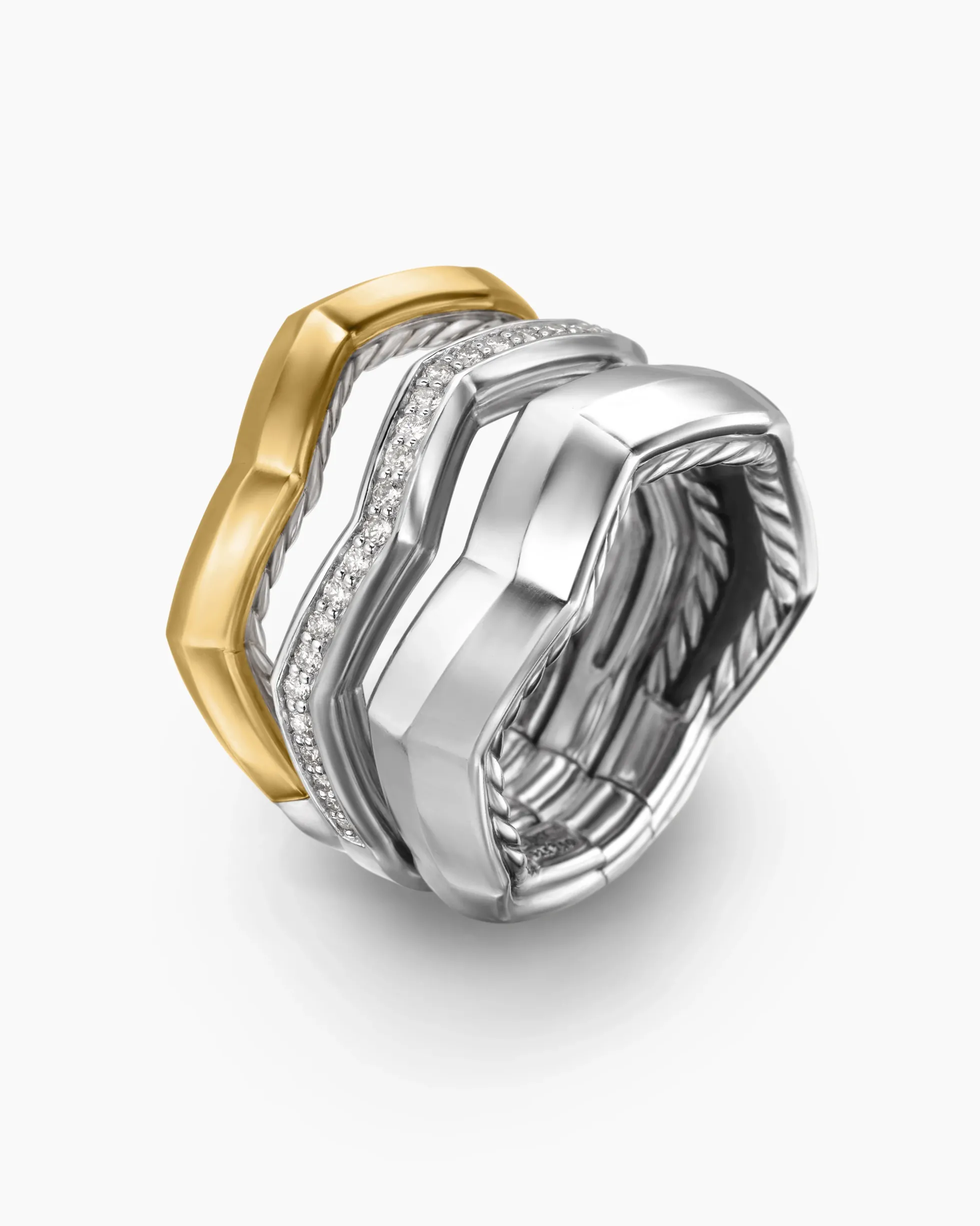 Zig Zag Stax™ Three Row Ring Sterling Silver with 18K Yellow Gold and Diamonds, 11.7mm